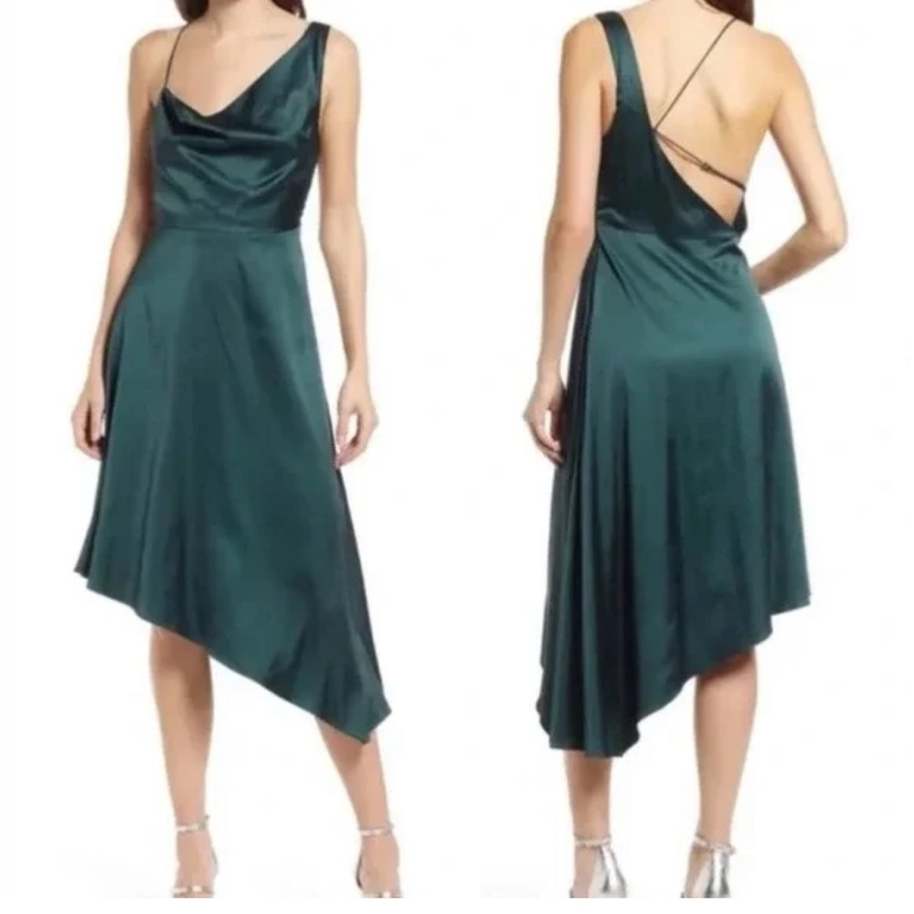 Lulus Cowl Neck Asymmetrical Green Satin Midi Dress